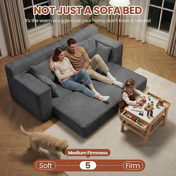 Convertible Sofa Bed, 5 in 1 Small Boneless Couch Pull Out Loveseat Sleeper Sofa,Corduroy Futon Couch Folding Mattress with 4 Pillows for Living Room Bedroom Lounge (No Assembly)