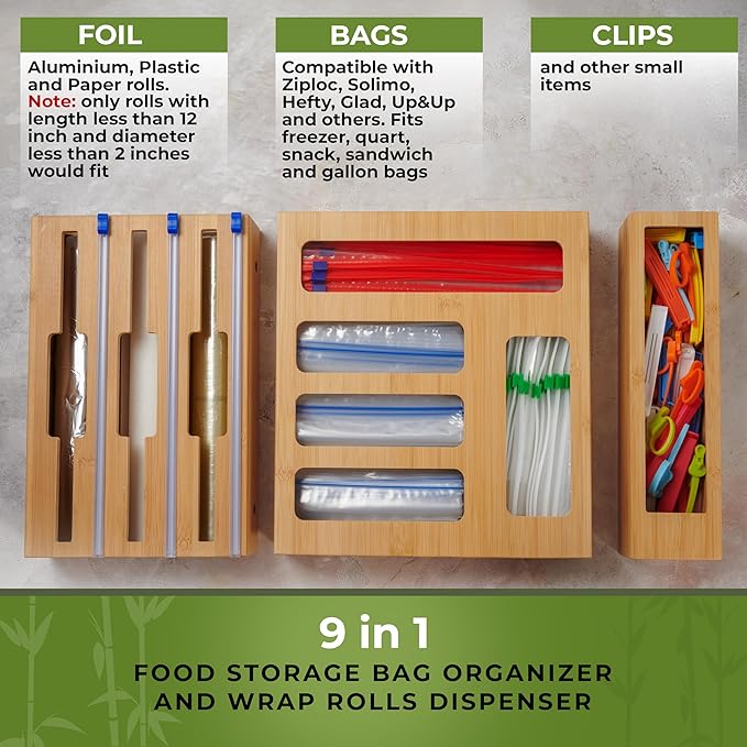 Bamboo Storage Bag Organizer, 9 in 1 Sandwich Bag Organizer & Foil Wrap Dispenser with Labels – Fits Gallon, Quart, Snack [Measure Your Drawer Before Ordering]