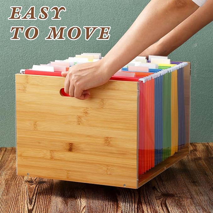 Clear Acrylic File Box Hanging File Organizer with 30 Pcs Hanging File Folders Bamboo Hanging Folder Storage Filing Crate Bin Holder with Handle for Home Office Desk Letter Size