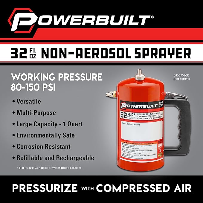 Powerbuilt 1 Quart Refillable Non-Aerosol Pressurized Sprayer for Oil, Lubricants, Degreasers - 32oz Canister with Brass Nozzles & Stainless-Steel Corrosion Resistant Inner Lining (Red) - 643090ECE
