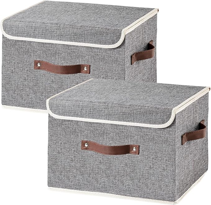 2PCS Collapsible Storage Boxes Baskets with Lid Cotton Linen Fabric Storage Bins with Faux Leather Handles Washable Cube Organizer Container for Home Closet Bedroom (Gray, Large Size)