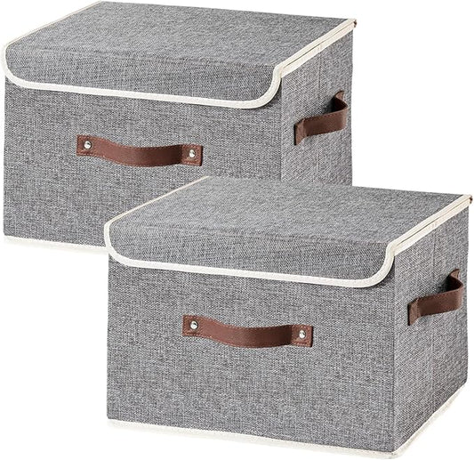 2PCS Collapsible Storage Boxes Baskets with Lid Cotton Linen Fabric Storage Bins with Faux Leather Handles Washable Cube Organizer Container for Home Closet Bedroom (Gray, Large Size)