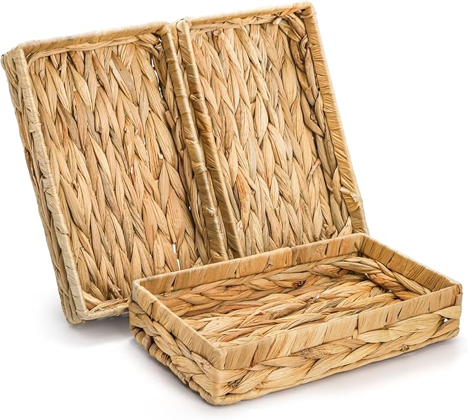 3 Packs Wicker Storage Trays, 10" Rattan Vanity Trays, Handwoven Toilet Paper Holder for Bathroom Towel, Rectangular Water Hyacinth Organizer for Countertop, Tank Topper, Shelves