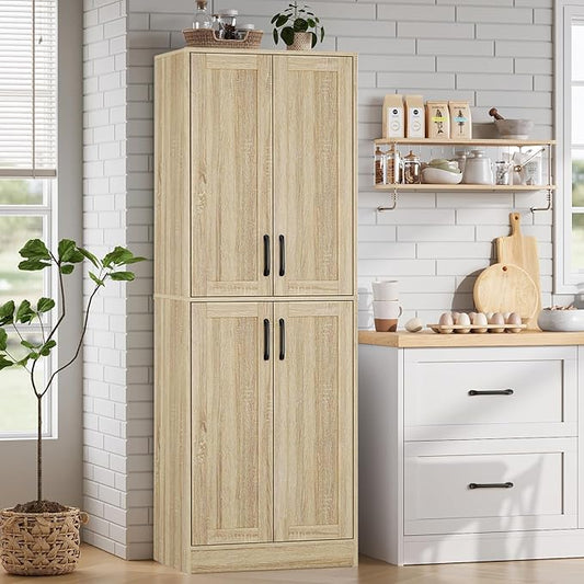 Pantry - Kitchen Pantry Cabinet with 4 Doors and Adjustable Shelves, Tall Black Cabinet Freestanding Storage Cupboard for Dining Room Living Room, Laundry, Bathroom (Natural)