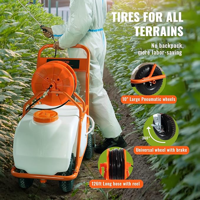 Battery Powered 15 Gallon Garden Weed Sprayer with Wheeled Cart, 126FT Hose with Reel, 8 Nozzles, 2 Wands with Lock Trigger, 0-90PSI, 5-6h Spray Time, Wide Mouth Lid, Rotating Wheels with Brake