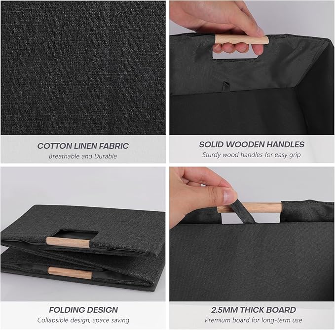 ANMINY 4PCS Storage Bins Set Large Foldable Cotton Linen Fabric Storage Baskets Box with Wood Handles Decorative Shelf Cube Clothes Towel Laundry Organizer Container - Medium, Black