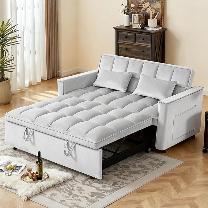Convertible Sofa Bed, Love Seat Sleeper Bed with Side Pockets, 3 in 1 Velvet Fabric Pull Out Couch with Adjustable Backrest for Living Room, Bedroom, Apartment, Gray