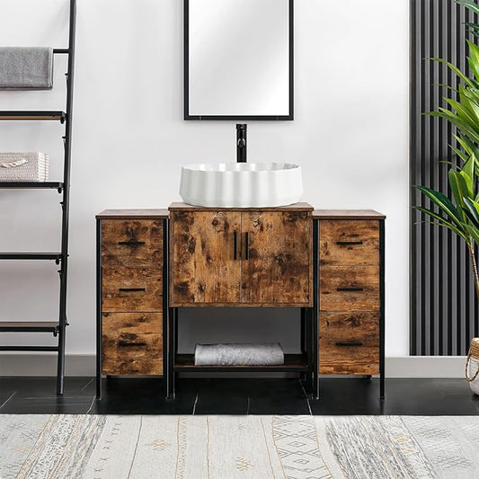 eclife 48" Bathroom Vanity Sink Combo Modern Metal Stand Cabinet W/Bottom Shelf & Storage Side Cabinets White Shell Vessel Sink & Water Save Faucet & Pop Up Drain, Rustic Brown (T54)