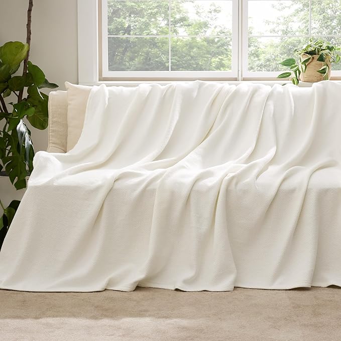 Bedsure GentleSoft 100% Cotton Large Throw Blanket for Couch 50x70 inches - Breathable and Lightweight, Soft Cozy Herringbone Woven Cotton Throw for Summer, Cream Office Chair Blanket