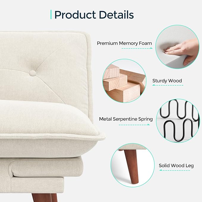 LINSY HOME Futon Sofa Bed, 70" Chenille Futon Couch with Adjustable Backrest Armrest, 3 in 1 Convertible Comfy Loveseat Sleeper Sofa Bed for Small Spaces Dorm Room Apartment Home Office, Beige White