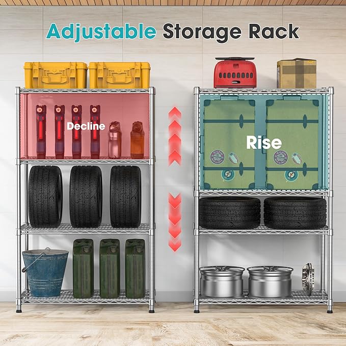Storage Shelves 4 Tier Wire Shelving Unit Garage Shelves Metal Shelf Organizer Wire Rack Adjustable Metal Shelving Sturdy Heavy-Duty 2200 LBS for Laundry Bathroom Kitchen Closet Pantry Garage Utility