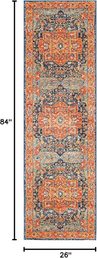SAFAVIEH Evoke Collection 2'2" x 7' Blue/Orange EVK275C Oriental Medallion Distressed Non-Shedding Living Room Entryway Foyer Hallway Bedroom Runner Rug