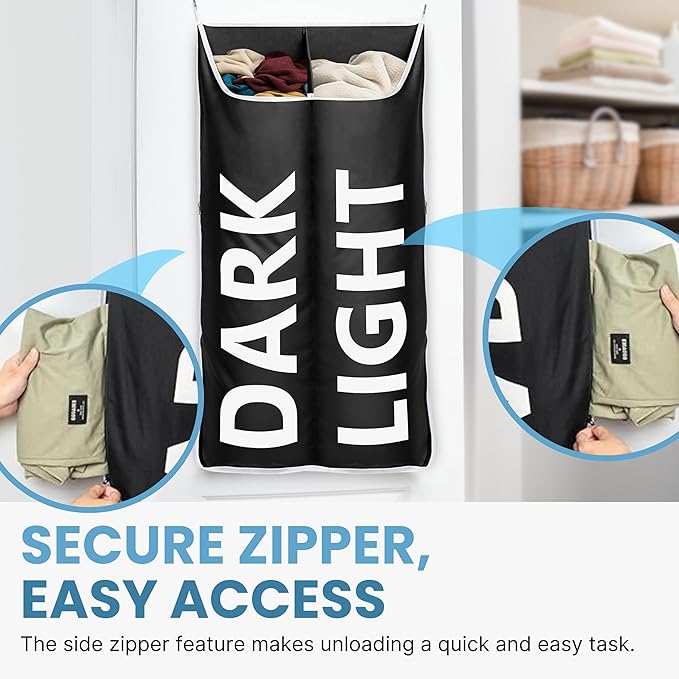 Hanging Laundry Hamper Bag XL, Space Saving over the Door Storage Bags, Behind the Door Hampers for Dirty Clothes & Wall Mounted Basket for Bathroom (Black -2Pack, Double Compartment)