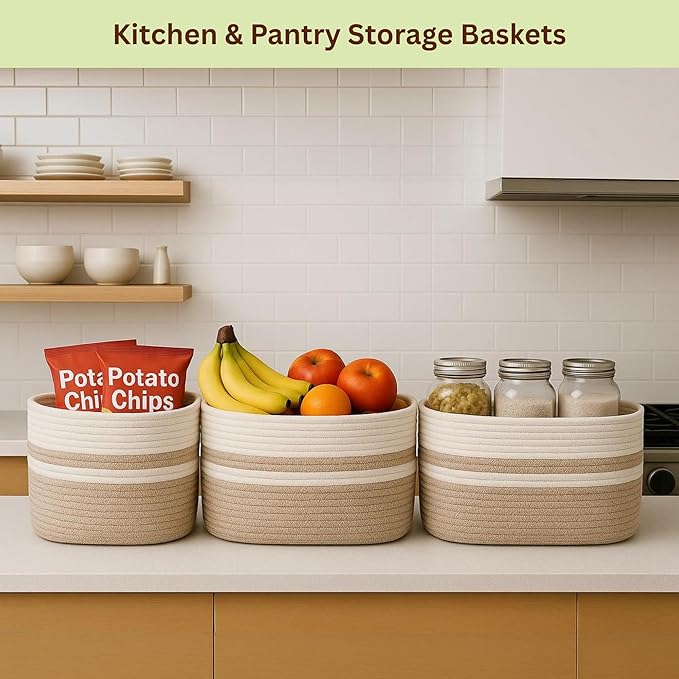 Cotton Rope Baskets for Organizing and Storage, Woven Decorative Baskets for Shelves, Books, Closets. Storage Bins for Living Room, Bedroom | Pack of 3 | Beige