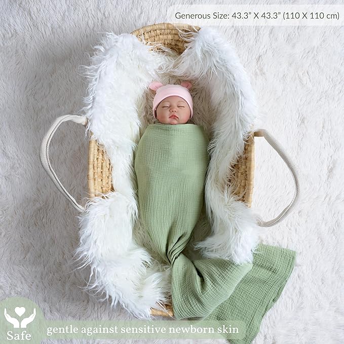 Meracorallo Muslin Swaddle Blanket, 100% Cotton Receiving Blanket Soft and Breathable Swaddle Wrap for Baby Boys and Girls, Sage Green