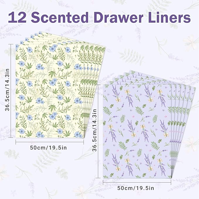 SCENTORINI Scented Drawer Liners for Dresser,6 Linen + 6 Lavender Scent Drawer Paper Liners, Paper Sheets Liner 14.3x19.5 Inch, for Fragrant Home Shelf Closet Bedroom Drawer