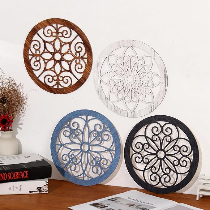 Zzbakress 4 Pieces Farmhouse Wall Decor Rustic Circle Wall Decor Wooden Hollow Carved Round Wall Art for Living Room Bedroom Kitchen Bathroom Home Wall Decoration (Elegant, Colorful)
