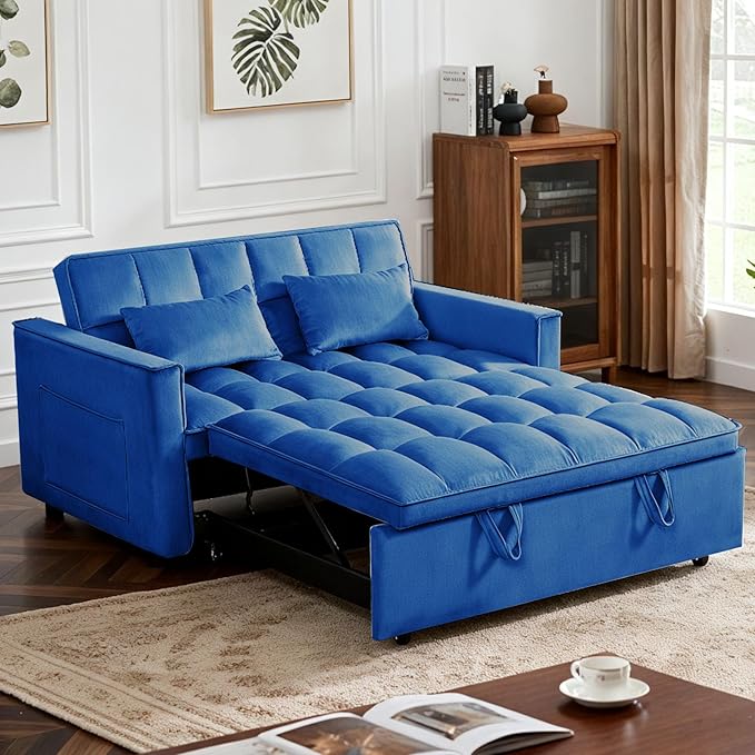 Convertible Sofa Bed, Love Seat Sleeper Bed with Side Pockets, 3 in 1 Velvet Fabric Pull Out Couch with Adjustable Backrest for Living Room, Bedroom, Apartment, Blue