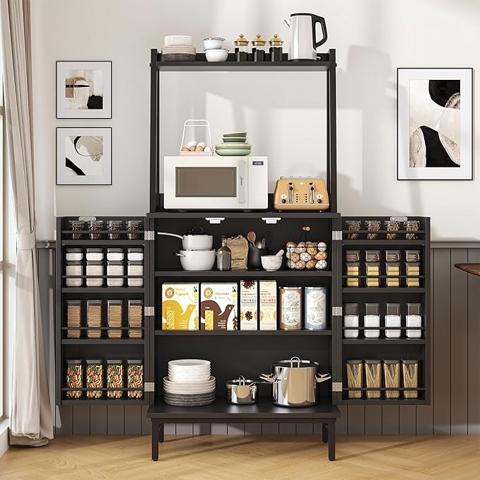 51” Pantry Cabinets with Microwave Shelves, Small Kitchen Pantry Storage Cabinet with Adjustable Shelves, Freestanding Buffet Cupboards Sideboard for Kitchen, Dining Room, Living Room Use (Black)
