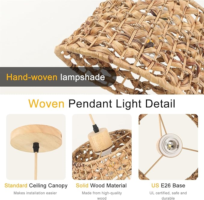 Rattan Boho Pendant Light, 12" 1-Light Hand-Woven Wicker Pendant Light with Water Hyacinth Shade, Natural Coastal Cone Hanging Light for Kitchen Island Sink Dining Room
