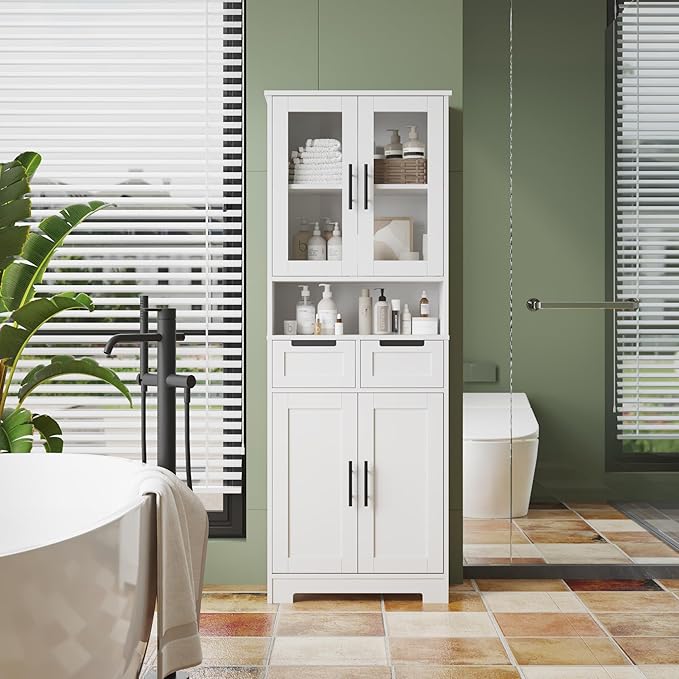 Karl home Tall Bathroom Storage Cabinet, 67" Linen Cabinets for Laundry, Bathroom Cabinet with 2 Drawers, 2 Acrylic Doors & Adjustable Shelves, Freestanding Kitchen Pantry, White