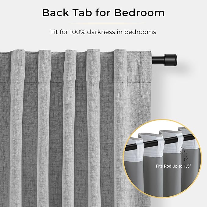 INOVADAY 100% Blackout Curtains for Bedroom, Black Out Curtains 90 Inch Long, Clip Rings Linen Blackout Drapes, Thermal Insulated Room Darkening for Living Room, 2 Panels - Grey,W50xL90