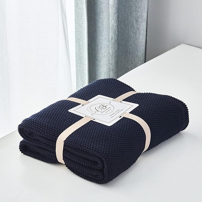 Longhui bedding Dark Navy Blue Cotton Cable Knit Throw Blanket for Couch Sofa Bed, Lightweight Home Decorative Throws, Bonus Laundering Bag, 60 x 80 Machine Washable