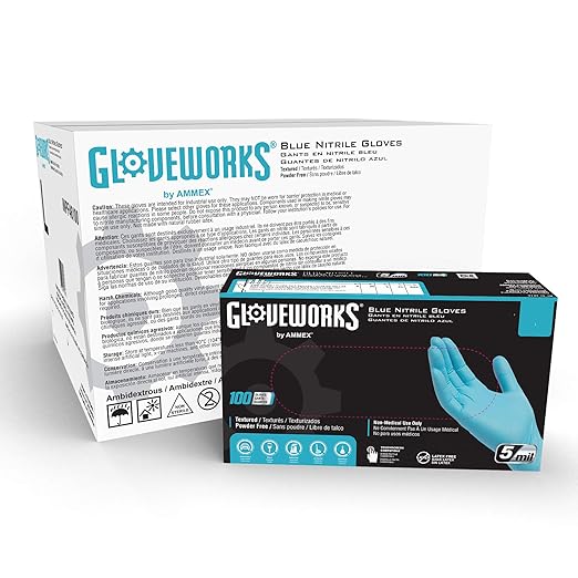 GLOVEWORKS Blue Disposable Nitrile Industrial Gloves, 5 Mil, Latex & Powder-Free, Food-Safe, Textured, Large, Case of 1000