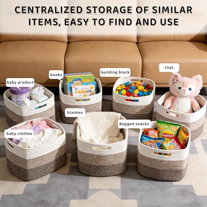 4 Pack Storage Baskets for Organizing, 12''Lx10''Wx8''H Woven Baskets for Storage Toys, Towels, Books, and Clothes, Cotton Rope Basket for Shelves with Handle White & Brown