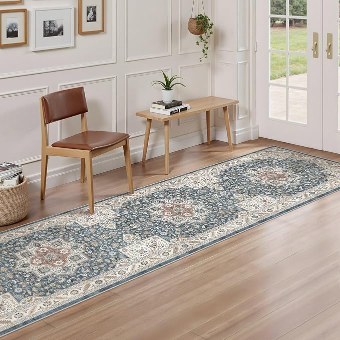 Vintage Hallway Runner Rug 2x10: Large Soft Washable Entryway for Kitchen Laundry Room Non-Slip Backing Runner for Entrance Living Room Bedroom Bathroom - Vintage Blue