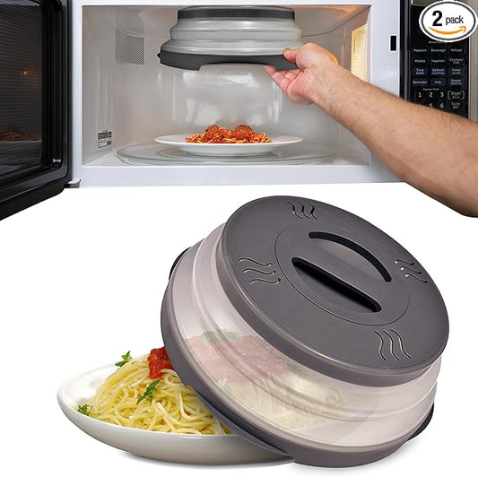 HOVER COVER High Power Magnetic Microwave Splatter Cover with Strongest Magnetic Grip, Collapsible 12-Inch BPA-Free Food Lid, Vented Plate Guard, Dishwasher Safe Space-Saving Storage - Gray 2 - Pack
