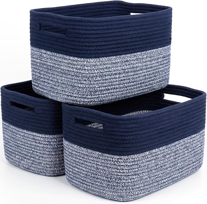 Storage Baskets for Organizing, 14 x 10 x 9” Closet Shelf Woven Baskets, Square Bins with Handles, Cotton Rope Basket for Toys, Clothes, Office, Room, Grey+Blue 3 Pack