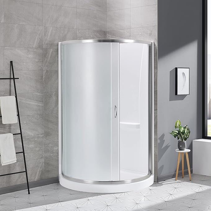 OVE Decors Breeze 36 in. Corner Shower Frosted Sliding Door with Base in Satin Nickel Finish