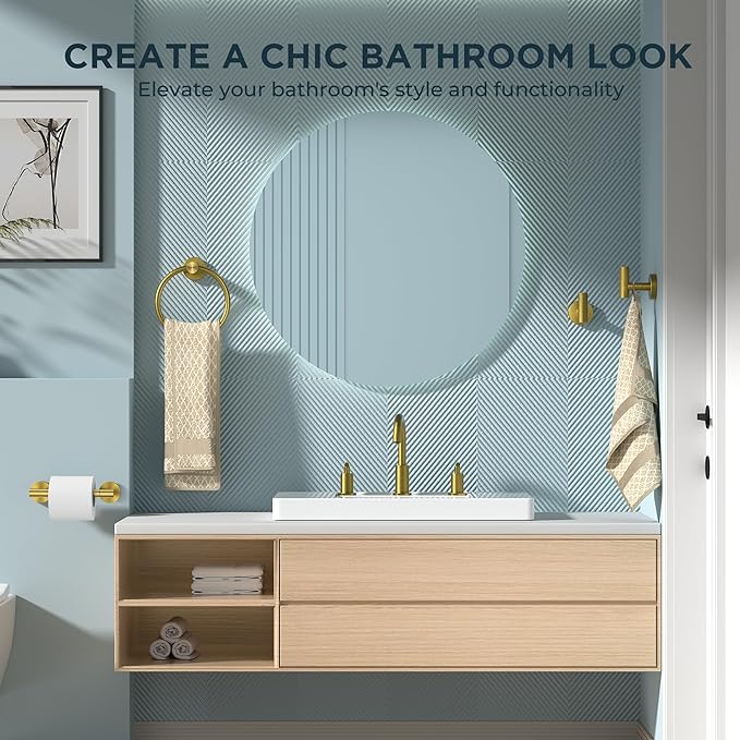 FORIOUS 4 Piece Bathroom Accessories, SUS304 Stainless Steel Toilet Paper Holder, Towel Ring and 2 Towel Hooks, Wall Mounted Bathroom Hardware Set (Dark Gold,Double Post Pivoting)