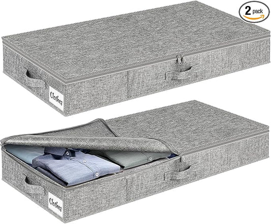 Under Bed Storage Container Bins 2 Pack, 4 Inch Thin Low Profile Underbed Clothes Storage Organizer for Dorm & Home, Use for Blanket and Toy Storage Box W/ Sturdy Bottom/Sides, Foldable Thick Fabric