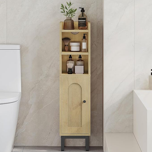 Bathroom Storage Cabinet, Small Corner Floor Cabinet with Door and Shelves, Narrow Toilet Paper Holder, Bathroom Organizer with Adjustable Shelf, for Small Spaces, Yellow BC08202B
