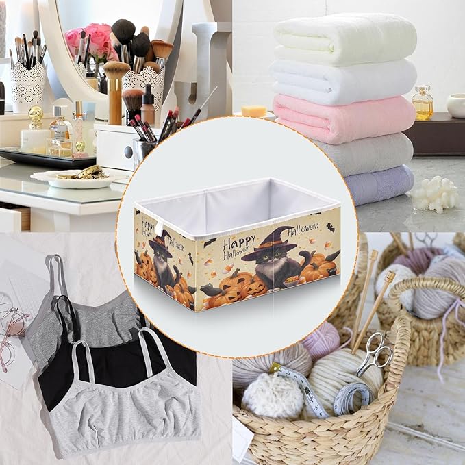 Bolaz A Stylish Cat in A Witch Hat Surrounded by Pumpkins Closet Organizers Storage Cubes Storage Bins Shelf Baskets Containers for Home Room Office,Square