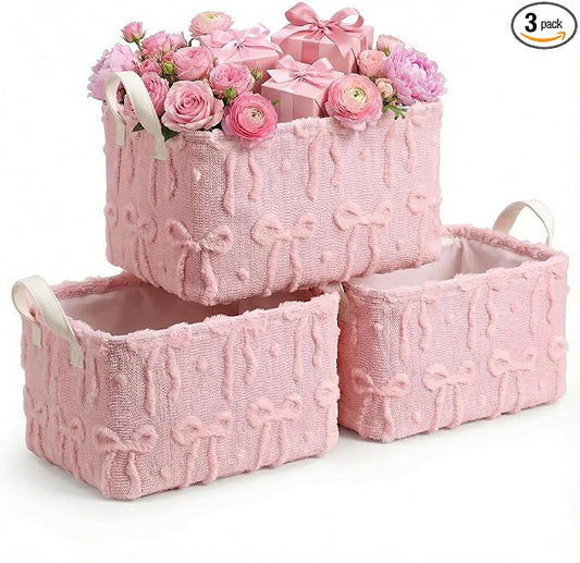 Kathfly 3 Pcs Bow Foldable Storage Baskets Plush Faux Fur Jacquard Design Laundry Basket with Handles Waterproof Storage Bins Fabric Shelf Baskets for Organizing Closet Clothes