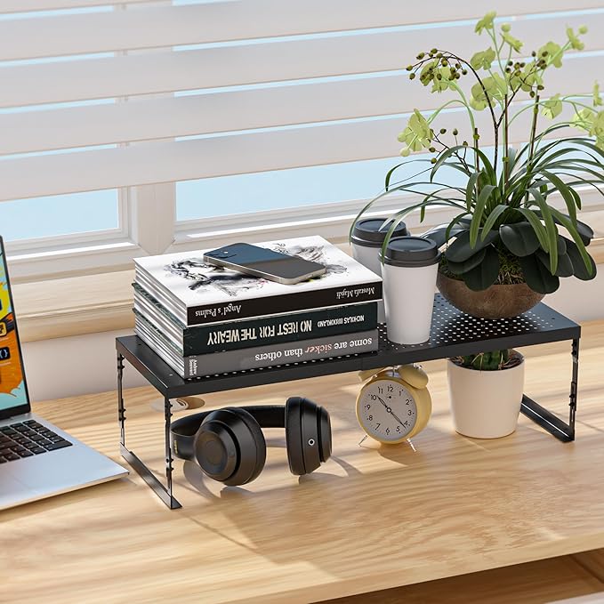 Adjustable Stackable Metal Storage Shelf Organizer - Expandable Wire Rack with Perforations for Kitchen, Pantry, Bathroom, Cabinet & Office-Compact, Durable & Sturdy (2PACKS/Large/Black)