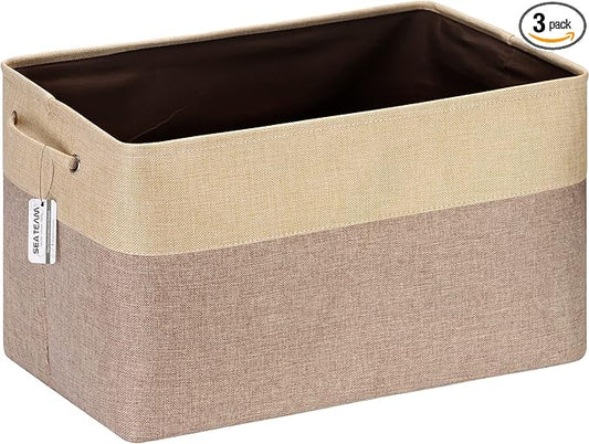 Sea Team 3-Pack Extra Large Storage Basket Set, Trunk Organizer, Clothes Toys Bin, 22 x 15 x 13 Inches, Rectangular Canvas Fabric Collapsible Shelf Box with Handles for Kids Room (Tan/Beige)