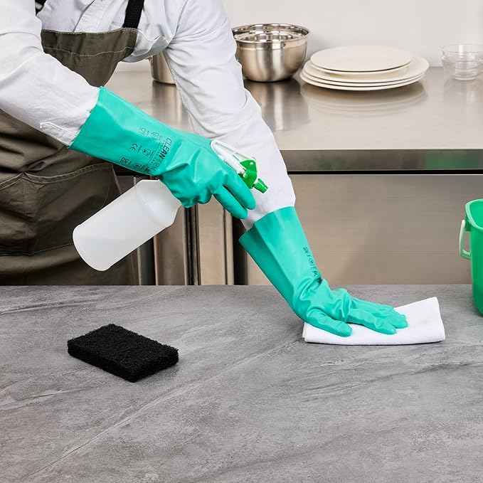 Clean Tek Professional 15 Mil Medium Cleaning Gloves, 1 Pair Of Long Cuff Gloves - Flock Lining, No-Powder, Green Nitrile Chemical Tolerant Gloves, No-Latex, Heavy-Duty Tasks