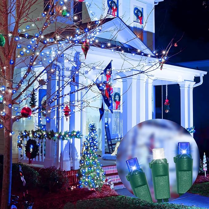 LAMPHOME Blue White Christmas Lights Outdoor, 21.6FT 100 Led Plug in Mini Fairy String Lights Green Wire,Waterproof Christmas Tree Light for Indoor Outside Bedroom Party Wedding Independence Day