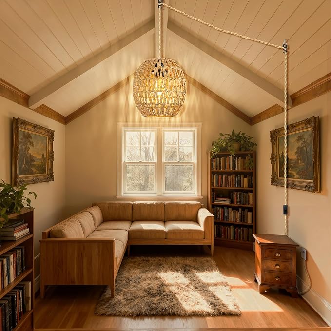 SLYYMY Plug in Pendant Light, 15FT Hemp Rope Cord, Hanging Lamps Rattan Pendant Light, On/Off Switch Hanging Lights for Bedroom Living Kitchen