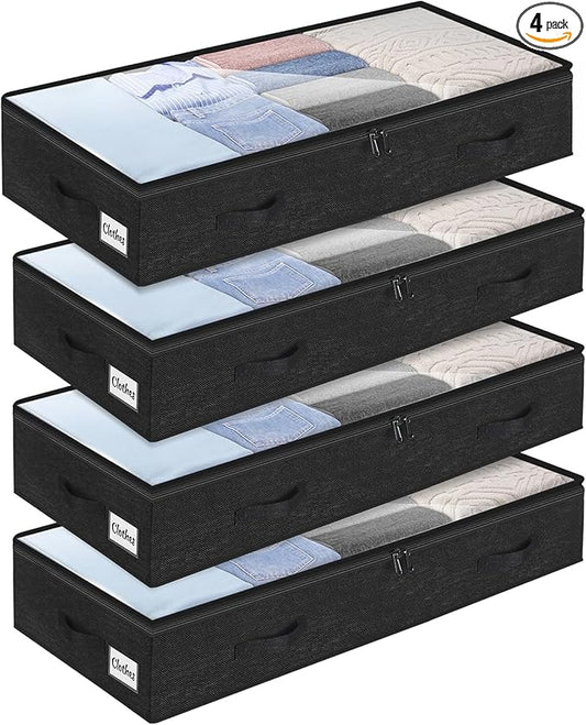 4 Pack 100L Under Bed Storage Containers, Low Profile Closet Organizers and Storage Bins for Dorm, Foldable Underbed Bag for Clothes, Blanket, Sheet, Wrapping Paper, Clear Window & Dual Zippers, Black