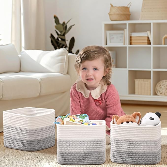 3 Pack Cube Storage Bin, 9”x9”x7” Cotton Rope Woven Baskets for Organizing Toys Clothes Towels, Square Gift Storage Baskets for Shelves, Nursery, Closet, Bathroom, Pantry (3-Tone Gray)