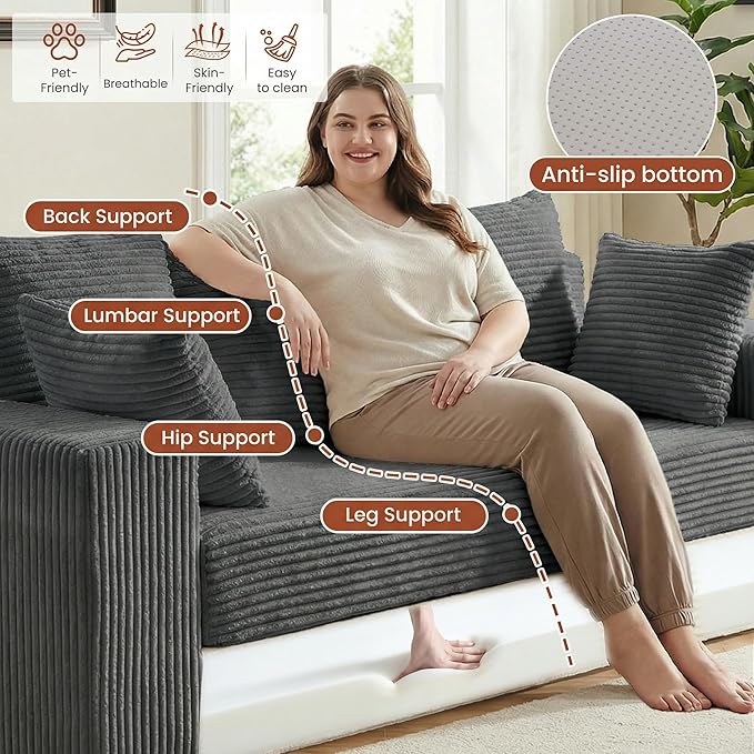 Convertible Sofa Bed, 5 in 1 Small Boneless Couch Pull Out Loveseat Sleeper Sofa,Corduroy Futon Couch Folding Mattress with 4 Pillows for Living Room Bedroom Lounge (No Assembly)