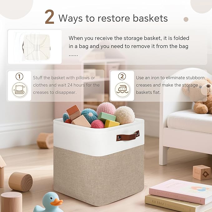 Cube Storage Baskets 6 Pack, 11x11 inch Cube Storage Bins with Leather Handles for Shelf Closet (White/ Khaki)