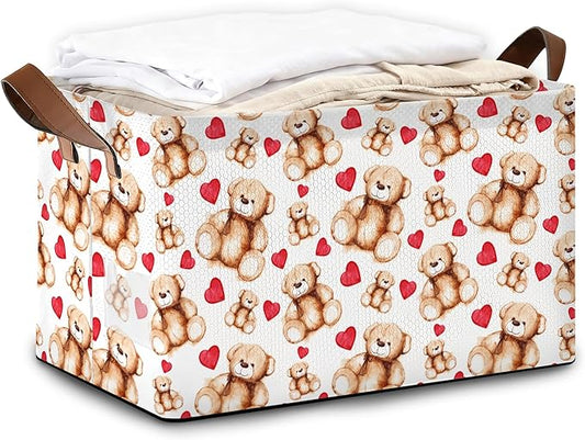 Bear Heart Storage Bin with Handles, Valentines Love Basket Storage Organizer for Shelves, Closet, Nursery, Book, Laundry Hamper & Home Decor