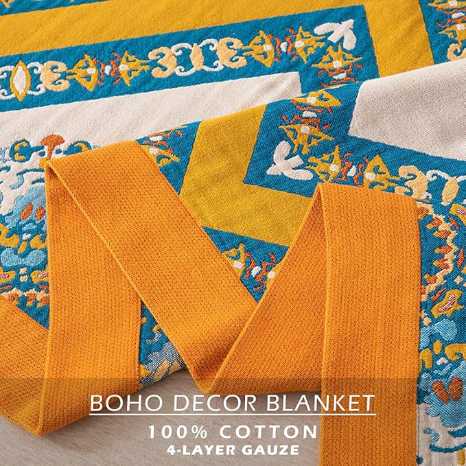 SANACYNA Boho Muslin Throw Blanket 100% Cotton 6-Layer Gauze Geometric Bed Blanket Lightweight Soft and Breathable Blanket for Sofa Bed Coverlet Both Sides (Boho Squared Flower, 80 x 90 in)
