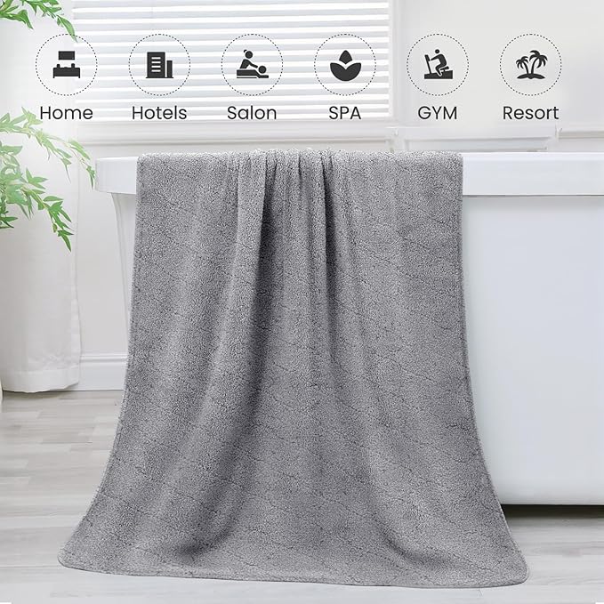 Microfiber Bath Towels, Oversized, Ultra Soft, Super Absorbent and Fast Drying, No Fading and Multipurpose Use for Sports, Travel, Fitness, SPA and Yoga (Coral Fleece - Grey, 30 in x 60 in)